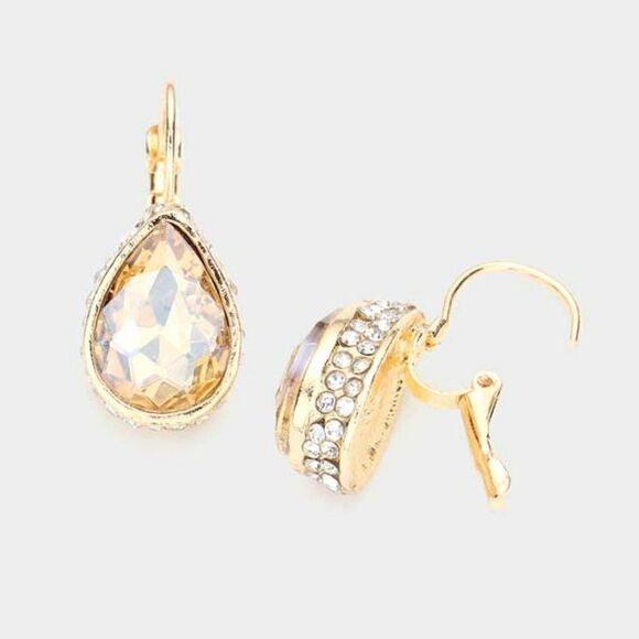 Rhinestone Lt Topaz Teardrop Stone Lever Back Gold Evening Earrings - Picture 1 of 5
